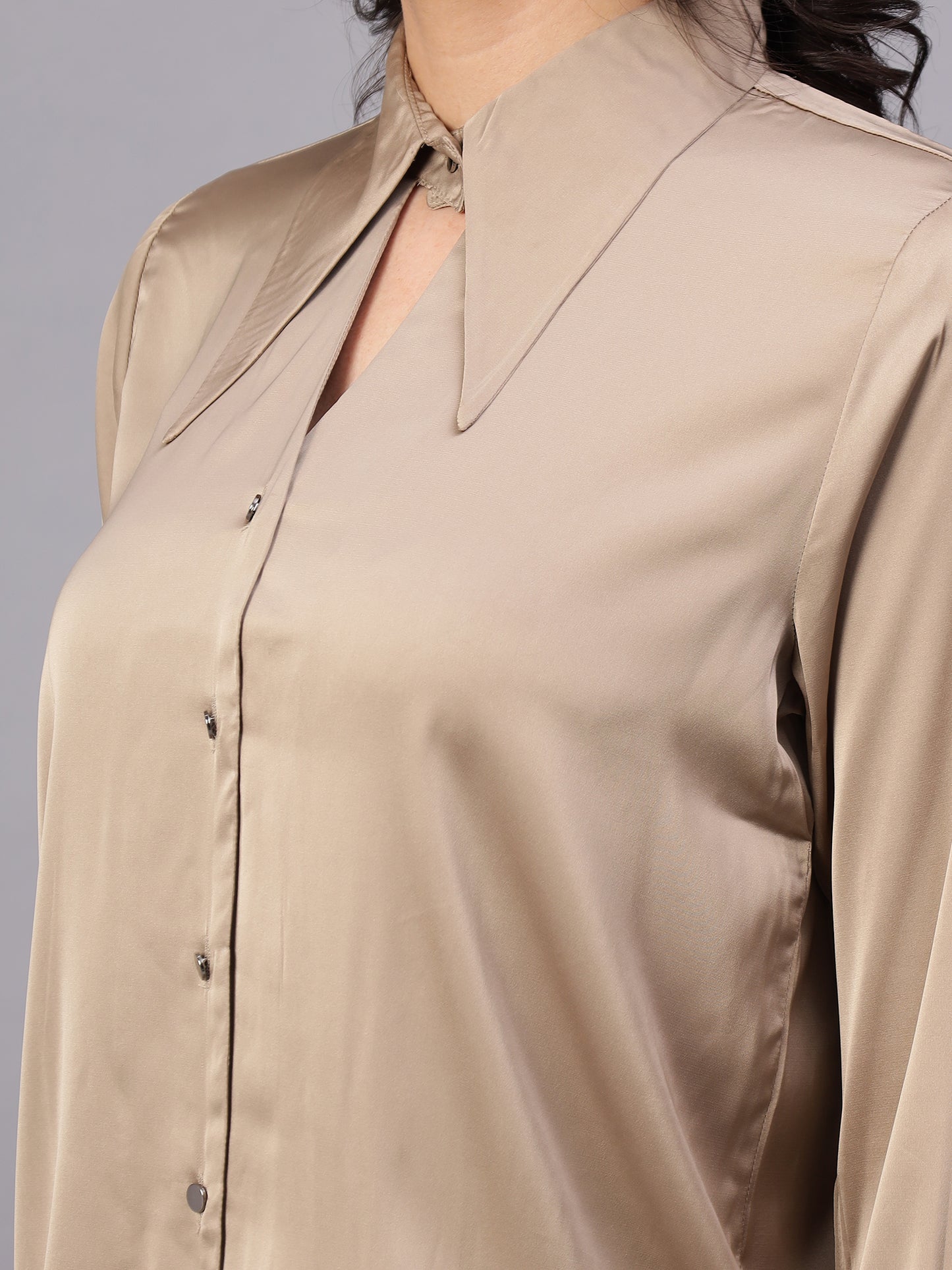 Women Khaki Solid Full Sleeve Shirt