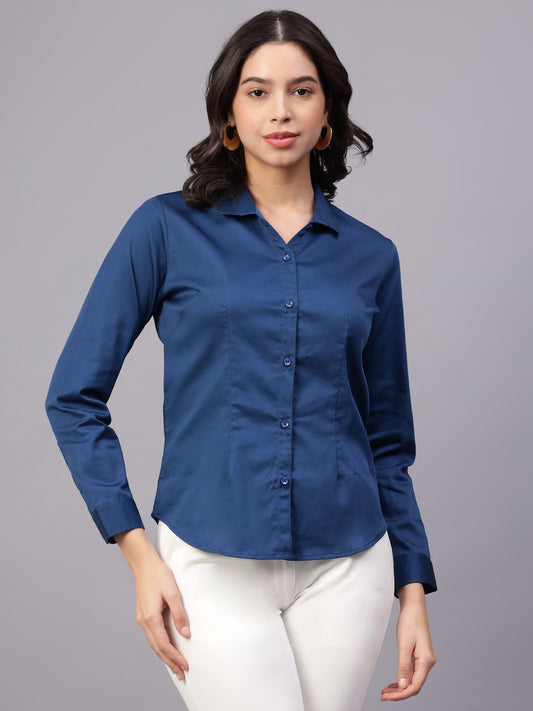 Women Blue Solid Full Sleeve Shirt