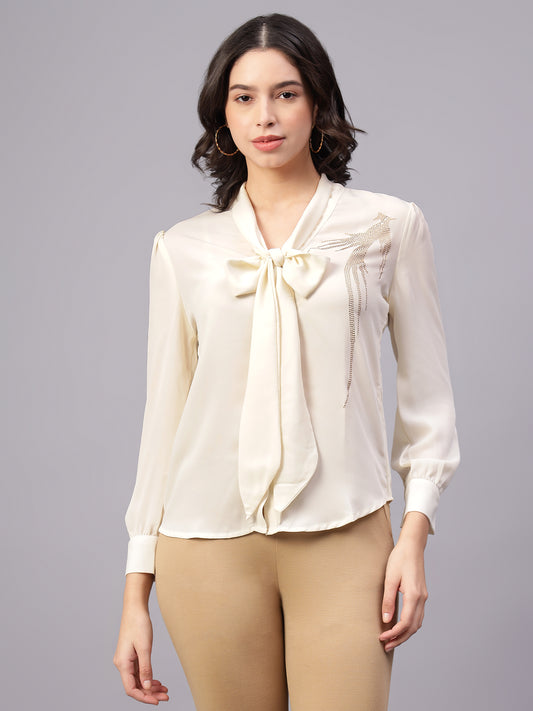 Women Cream Solid Full Sleeve Shirt
