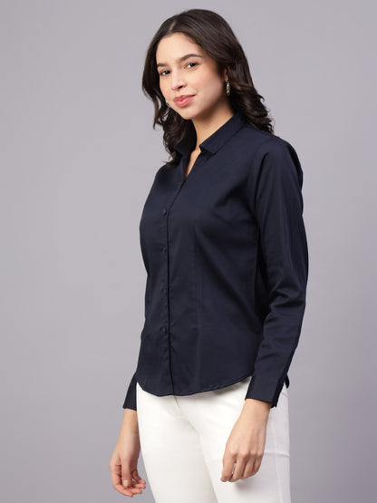 Women Navy Blue Solid Full Sleeve Shirt