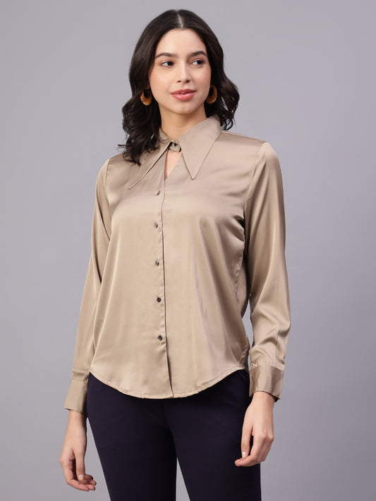Women Khaki Solid Full Sleeve Shirt