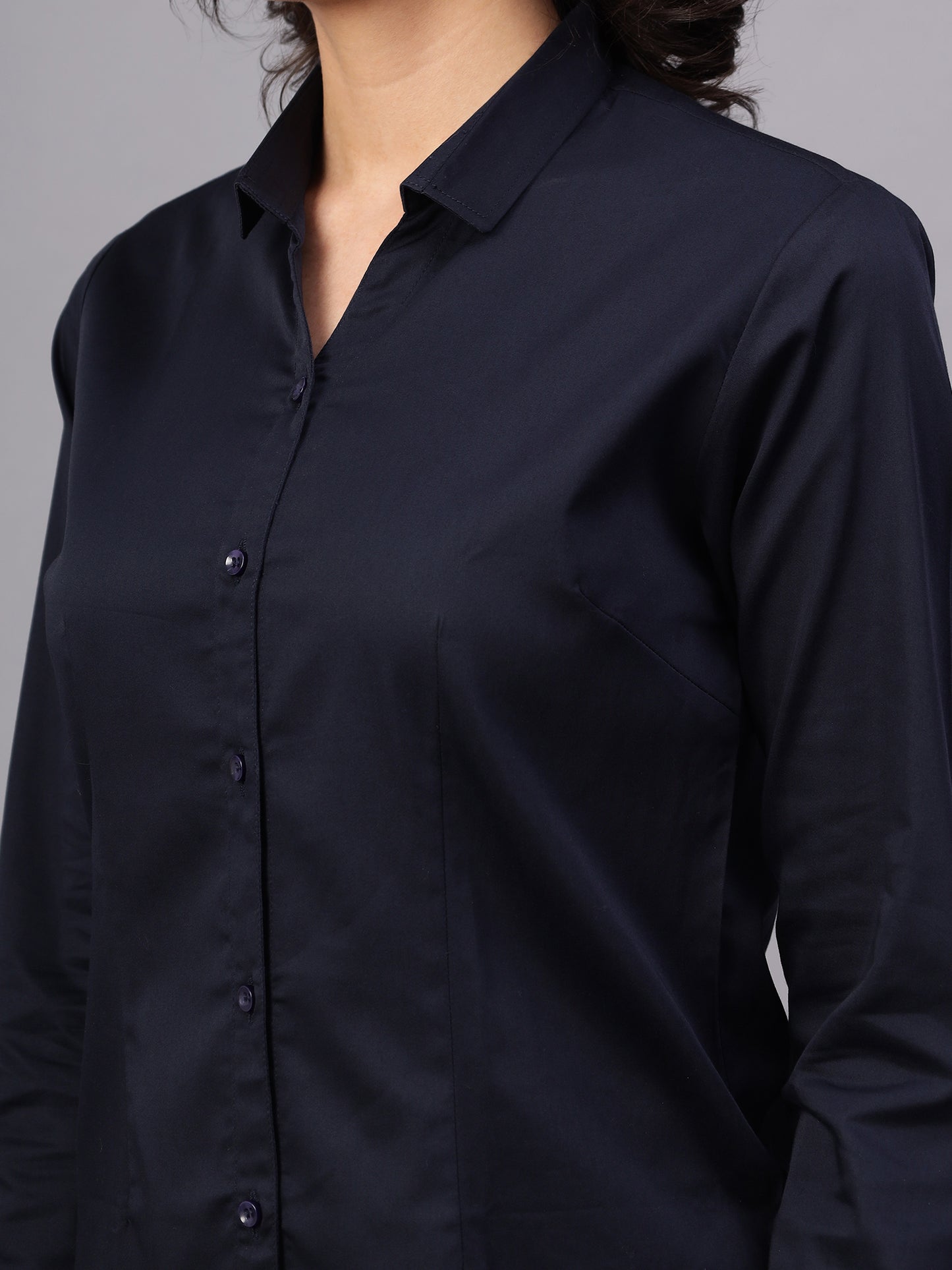Women Navy Blue Solid Full Sleeve Shirt